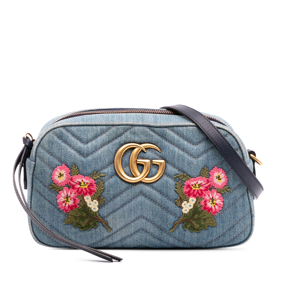 Pre-Loved Gucci Small GG Marmont Embroidered Matelasse Denim Crossbody - Picture 1 of 11
